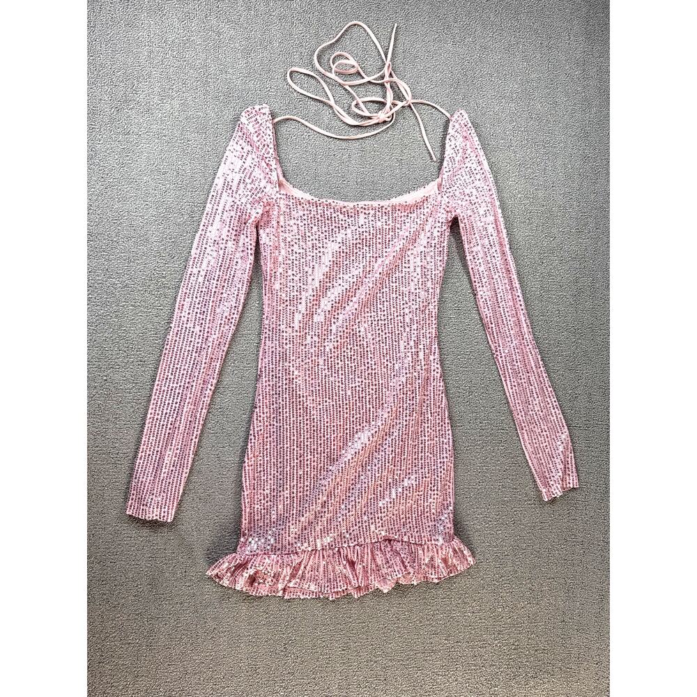 Lucy in the Sky Sequin Dress Long Sleeve Mini Hoco Wedding Guest Pink Size XS‎